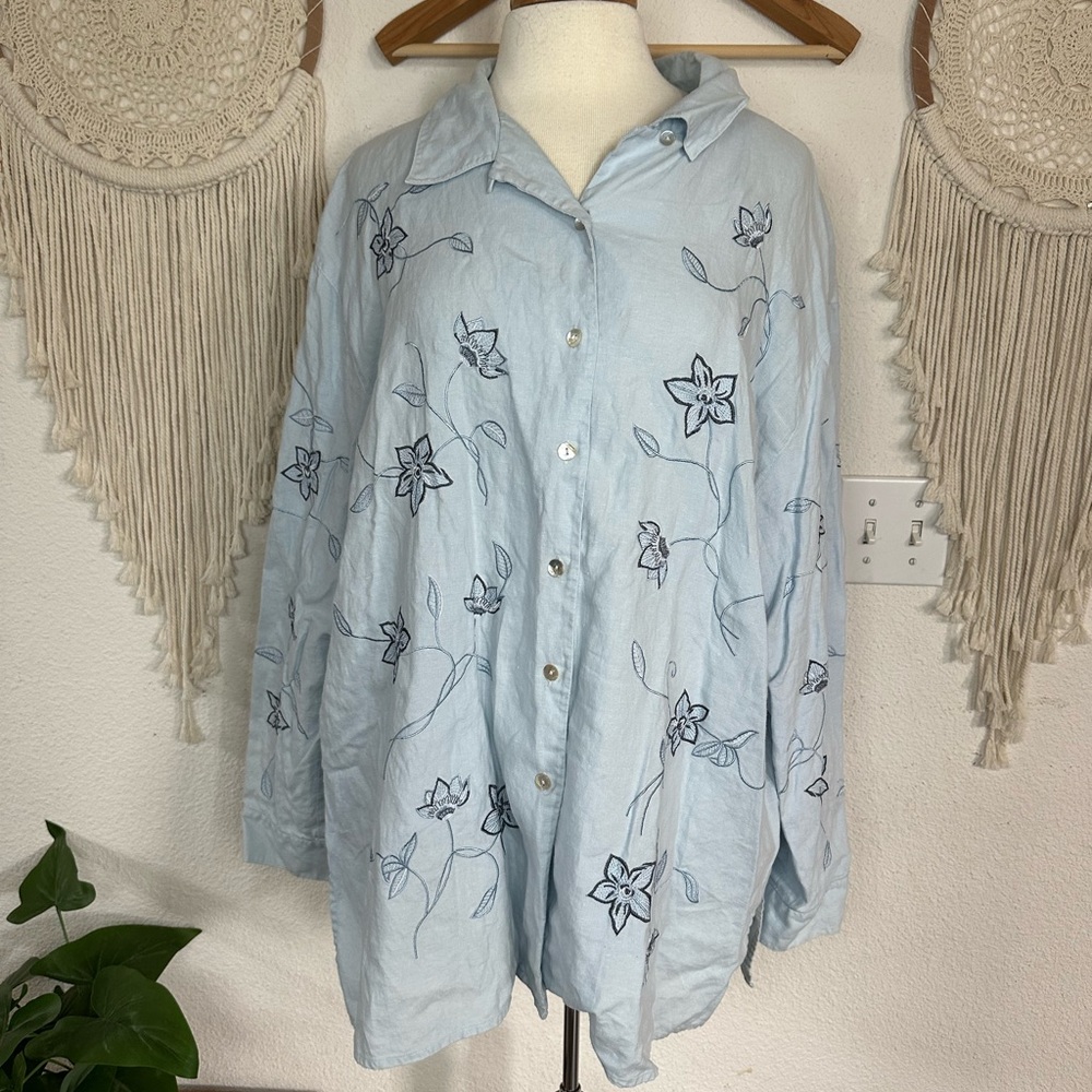 C.B. Studio Light Blue Floral Embroidered Shirt 2X